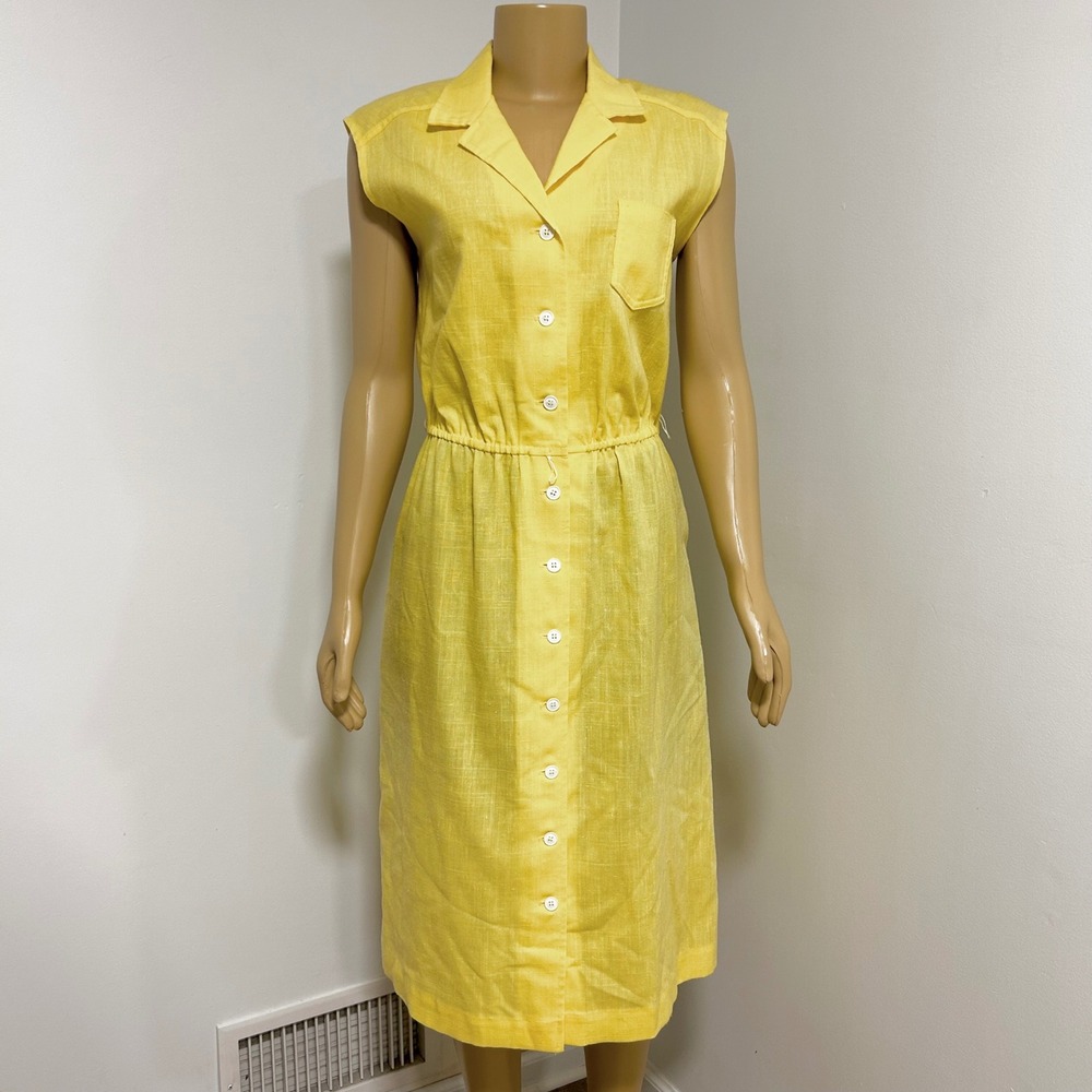 Melissa Lane Yellow Button Front Sleeveless‎ Shirt Dress Midi Knee Length Medium